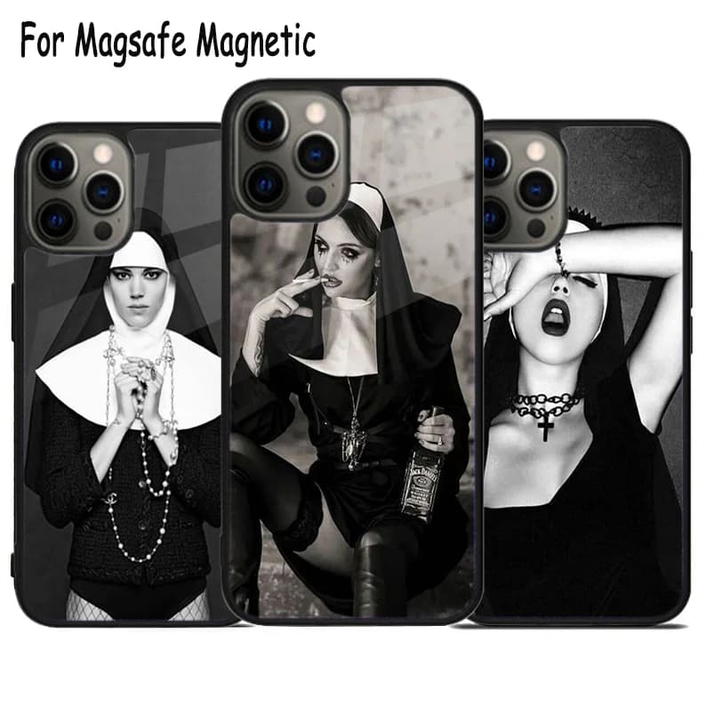 Custodia per telefono con ricarica wireless e design seducente da suora, compatibile con iPhone 17 Air 15 16e 14 13 11 12 Pro Max Plus, Cover Magnetica Magsafe