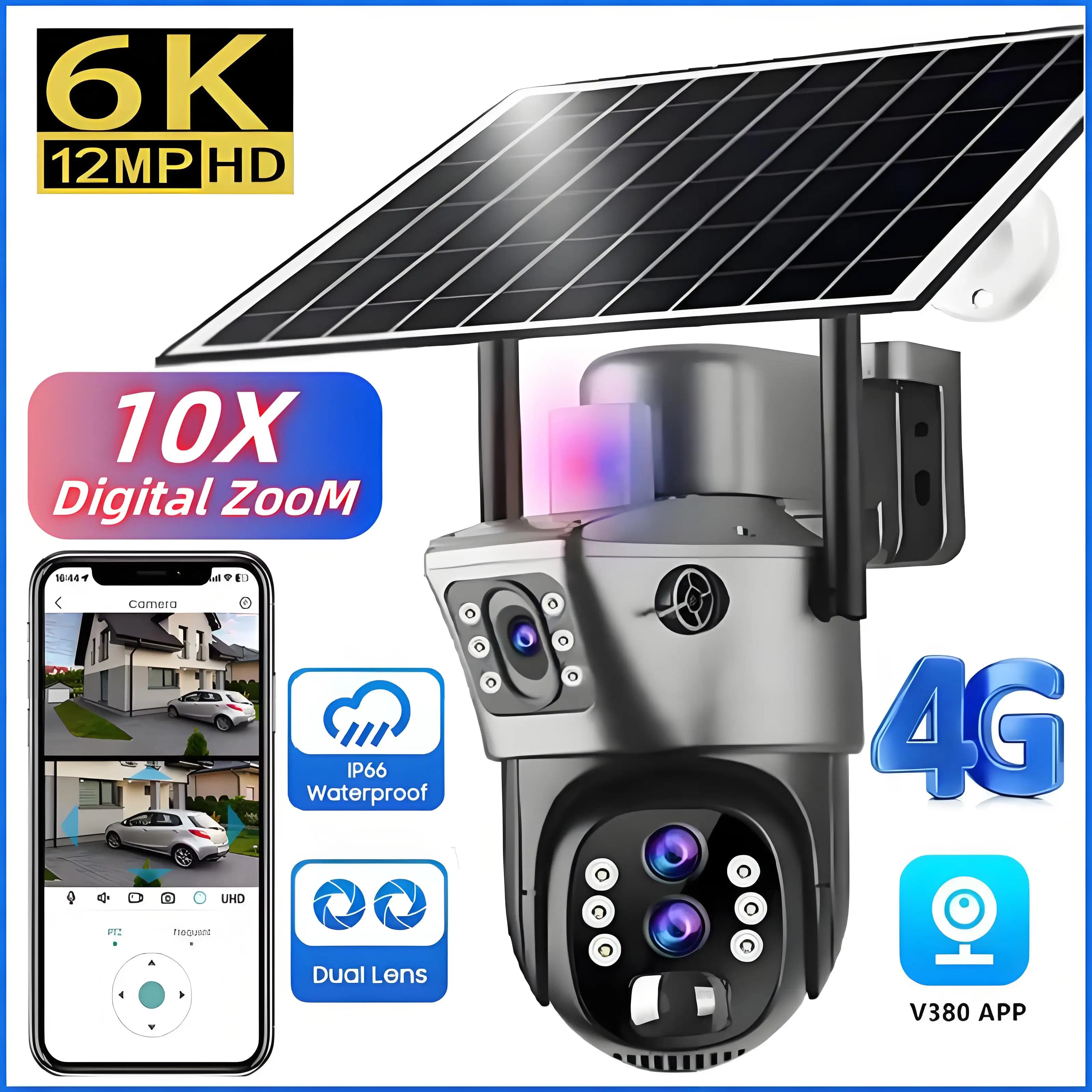 10x Zoom 4G SIM Outdoor Solar Camera 6K 12MP Three Lens HD Night Vision IP Security Camera PTZ CCTV Cam