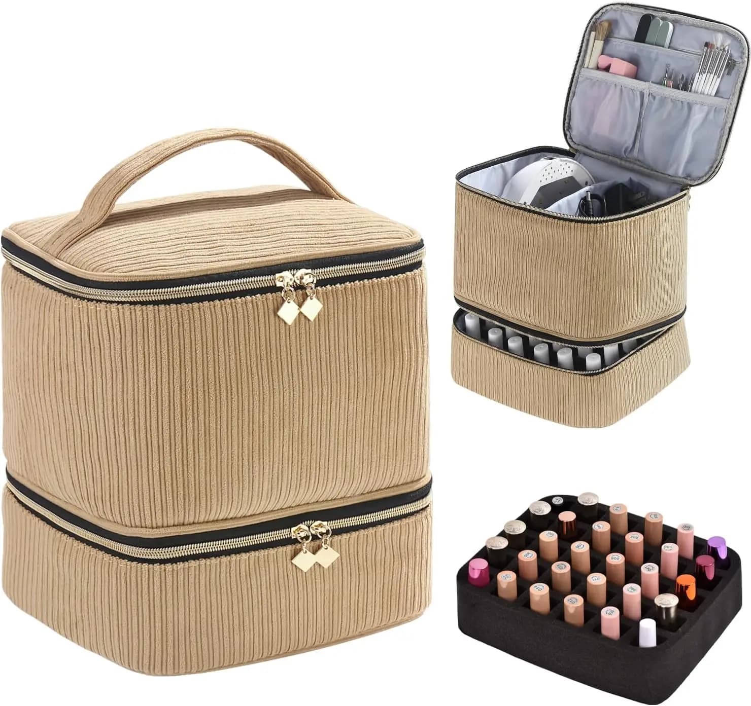 Organizer for Nail Polishes in Corduroy with Lamp, Contains 30 Flavors and Instruments for Manicure in Brown Case