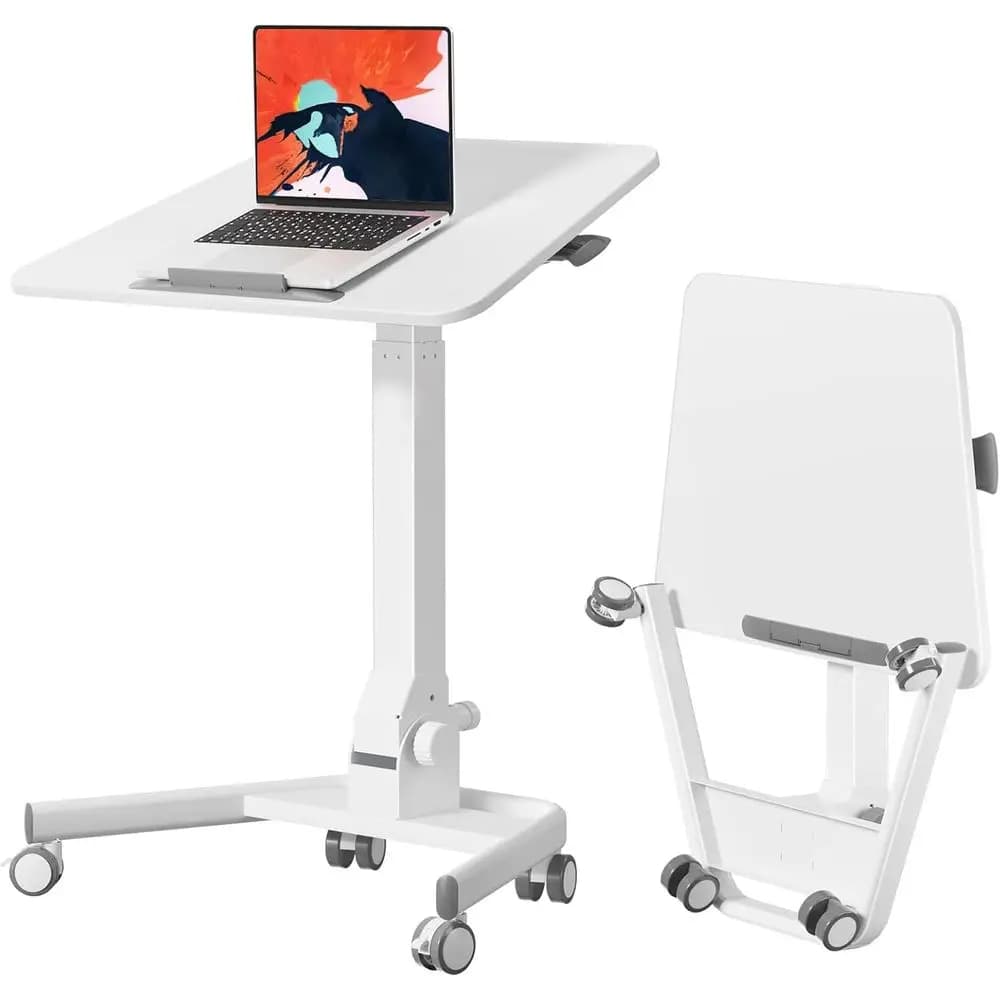 Scrivania Regolabile con Ruote, Postazione di Lavoro Portatile per Laptop, Altezza Regolabile, Facile Montaggio, Bianca