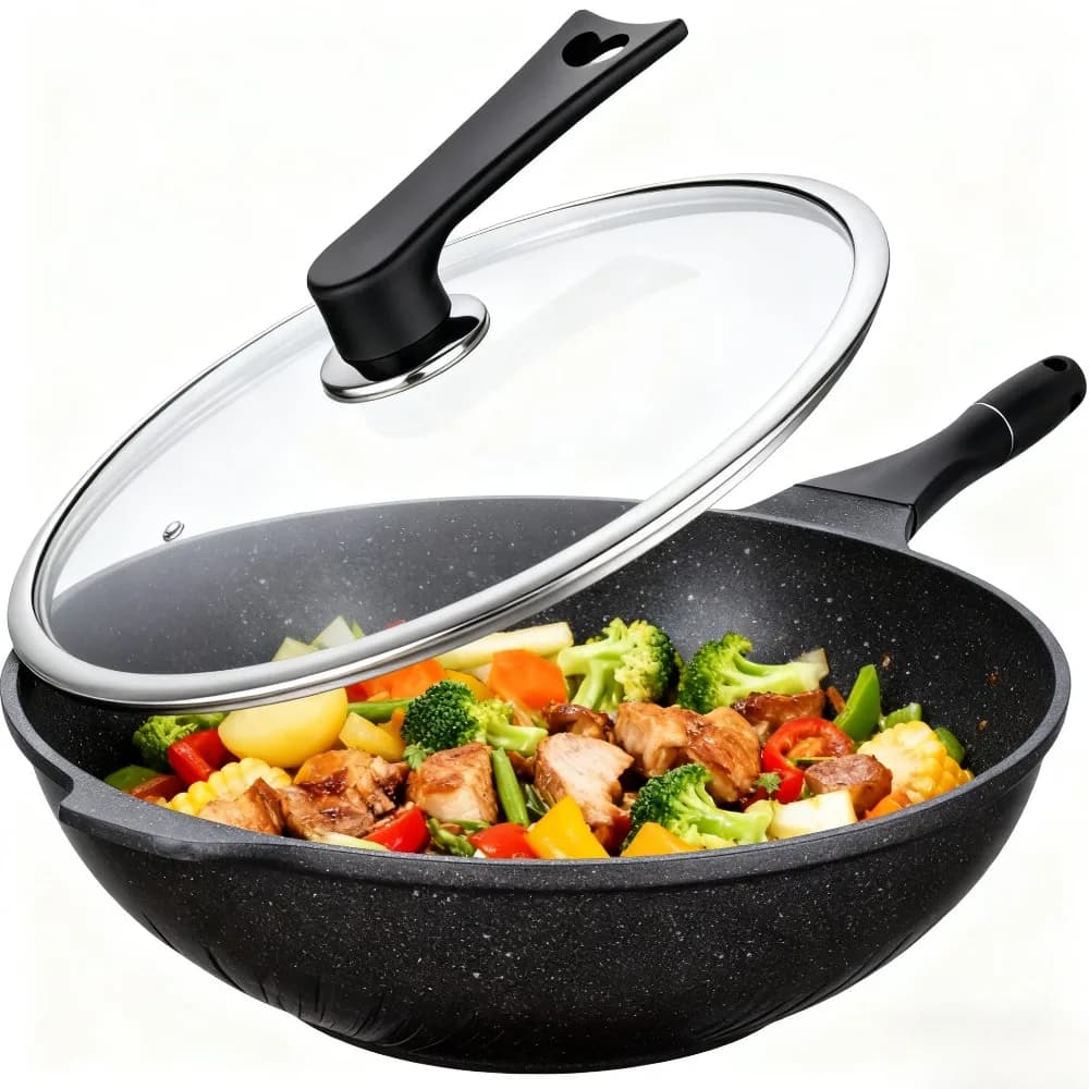 KOSUN Frying Pan with Lid Nonstick Wok Gas Stove Induction Cooker Universal Flat Pan for Household Cookware Kitchen Frying Pan