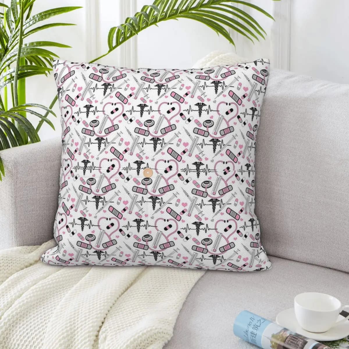 Fodera per cuscino quadrata in lino con motivo ECG, stetoscopio, infermiera, medico, in poliestere, decorazione per letto e casa, cuscino confortevole