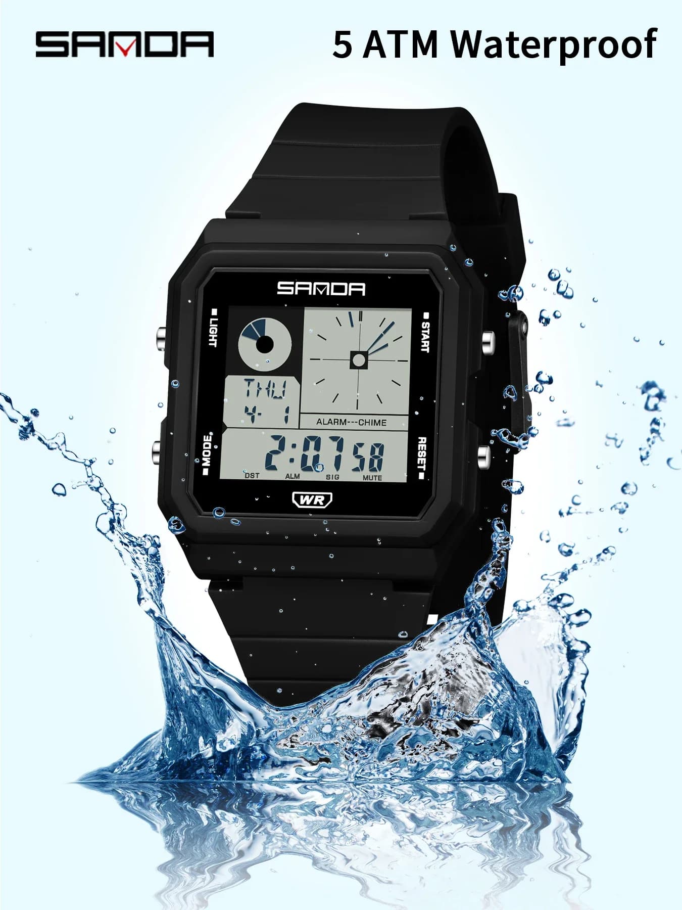 SANDA Men Sports Electronic Watch Multifunction Chronograph 5Bar Waterproof LED Luminous Digital Fashion Square Students Watch