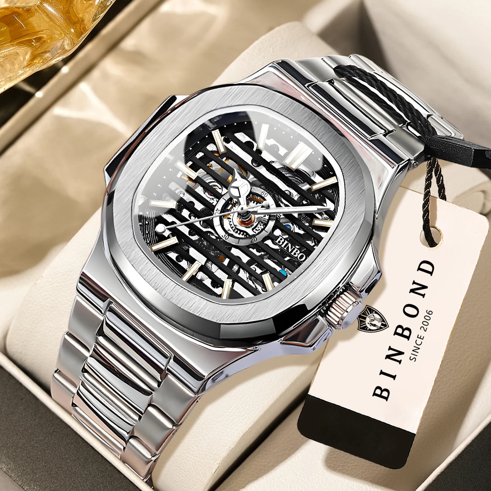 Orologio da uomo BINBOND automatico tourbillon di precisione, orologio da polso meccanico da uomo, di lusso, luminoso, impermeabile, scheletrato.
