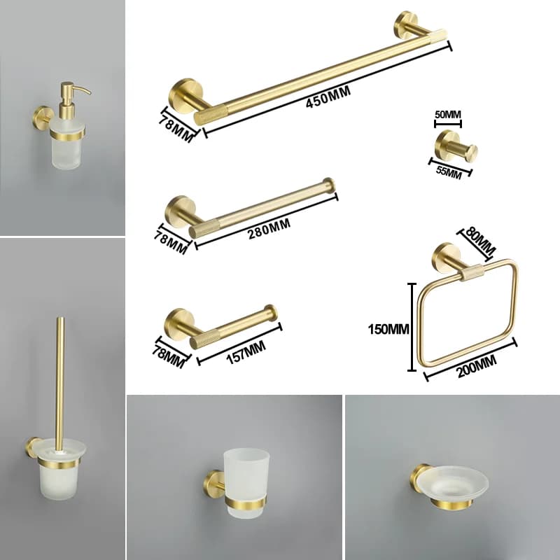 Brushed Gold Bathroom Accessories Towel Holder Bathrobe Hook Set of brass zigrinate bathroom accessories Towel shelf