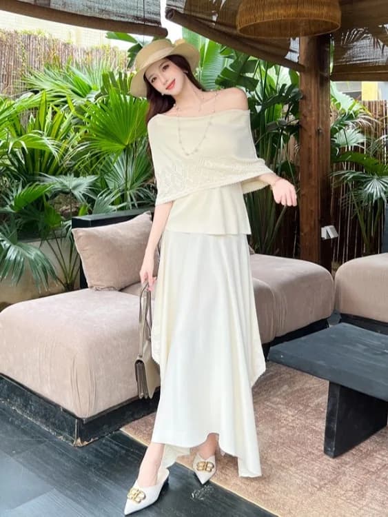 Summer Chic One-Shoulder Embroidered Top And Half Skirt Two-Piece Set Women's Slimming Waist Cinched Asymmetrical Long Dress