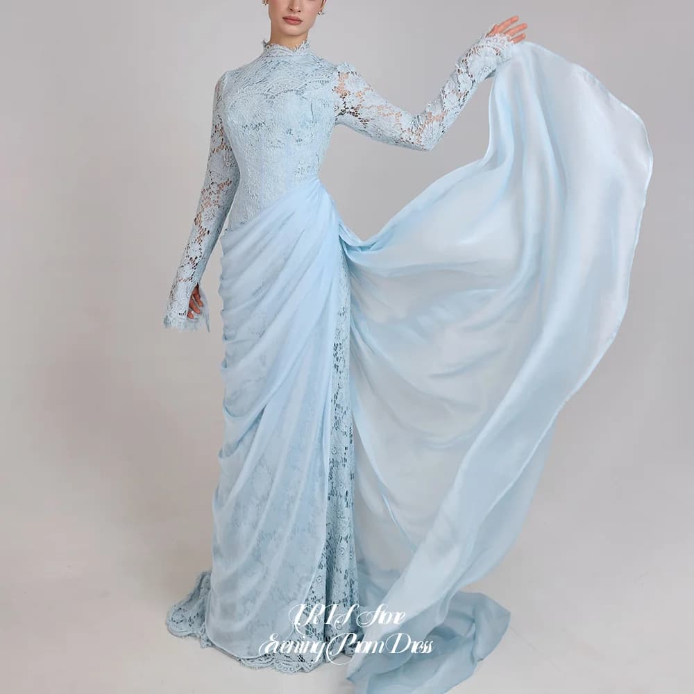 Elegant Modest High Neck Floral Lace Prom Dresses for Women Long Sleeve Draped Chiffon Floor‑Length Party Gown 2026