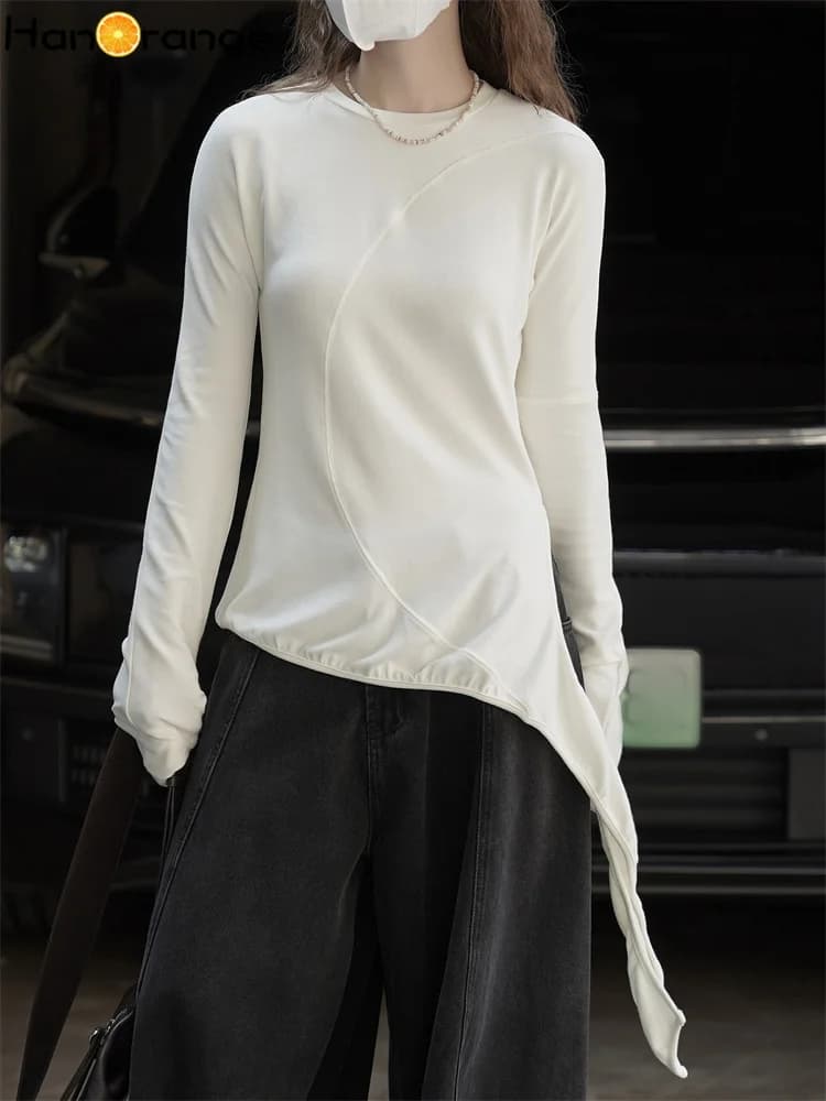 HanOrange 2025 Moda invernale Maglione lavorato a maglia con cinturino curvo asimmetrico Donna Slim Fit Top delicato sulla pelle Bianco/Nero/Rosso mattone