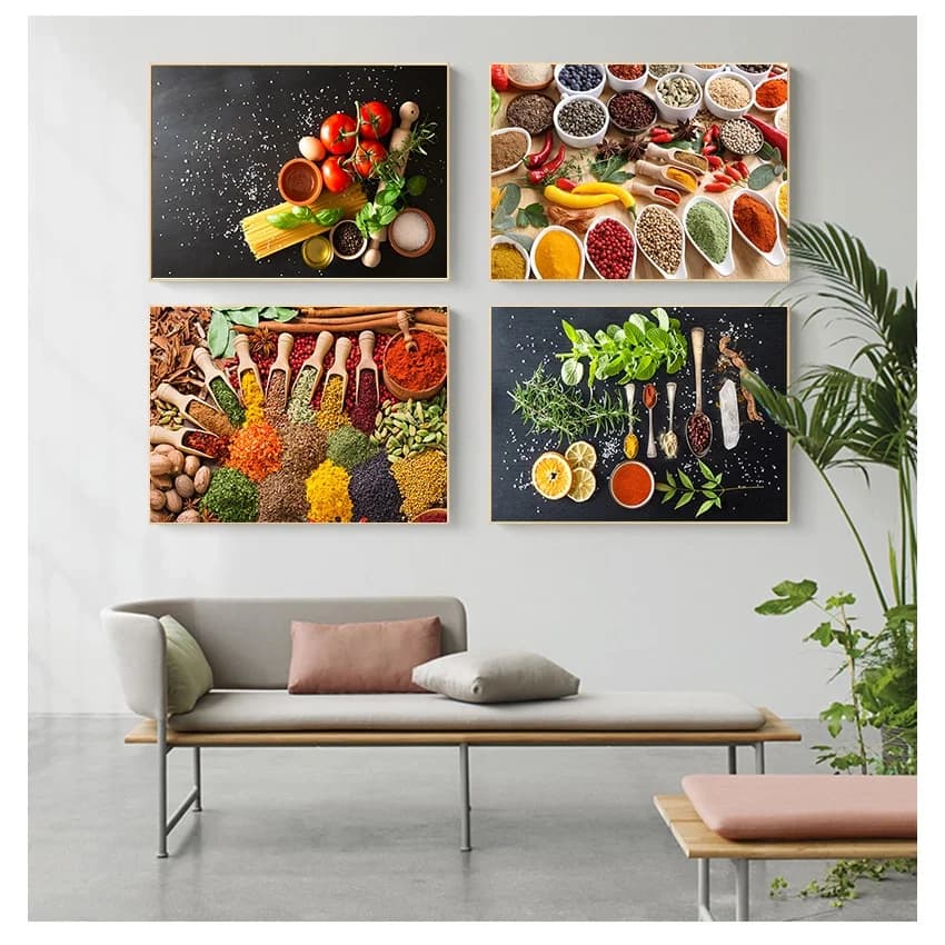 Con cornice Grani Spezie Cucchiaio Pepe Cucina Tela Pittura Wall Art Cibo Immagine Soggiorno Scandinavo Poster Stampe