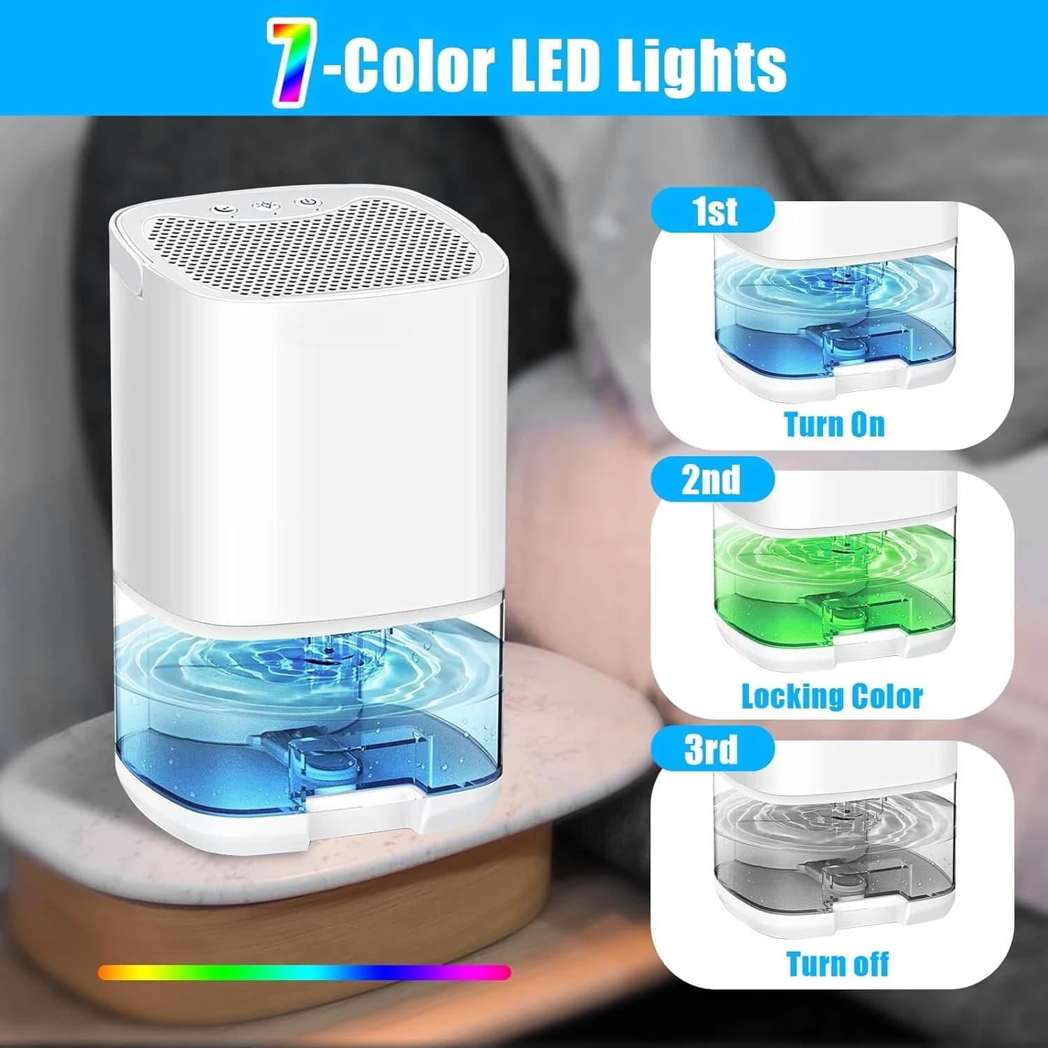 Deumidificatori per la casa Piccolo deumidificatore per piedini della camera da letto con 7 luci a LED Deumidificatore ultra silenzioso e con spegnimento automatico