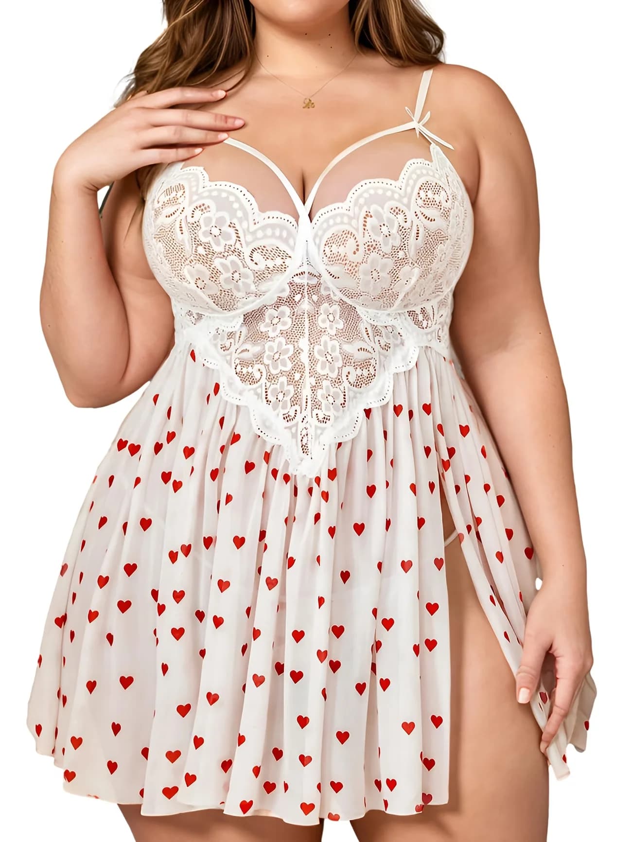 Babydoll in Pizzo Plus Size per Donne - Camicia da Notte in Rete Trasparente con Spacco Laterale e Fiocco Decorativo, Abito Sexy per Dormire