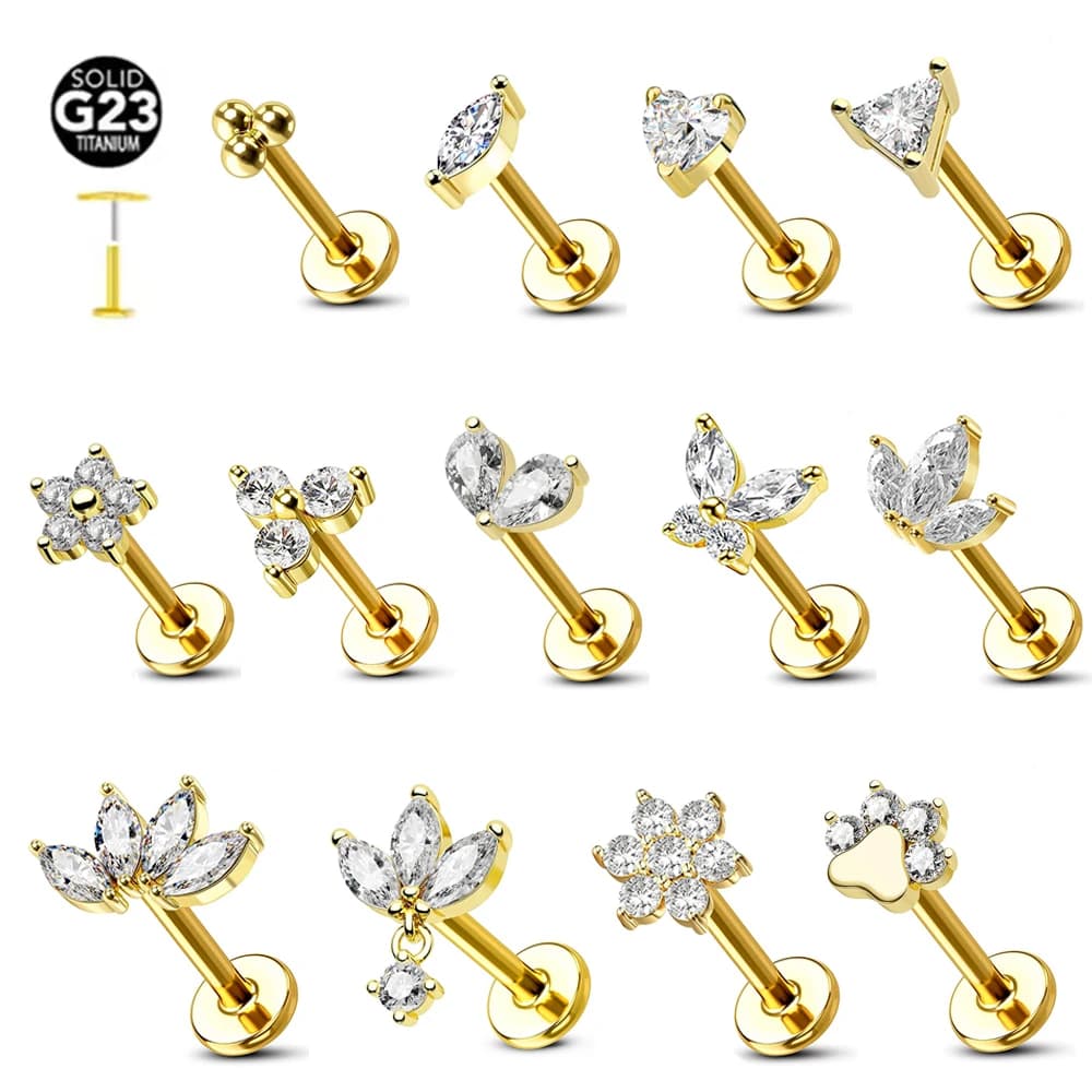 ASTM F136 G23 Fiore di titanio Orecchino senza filettatura Penetranti Petali Foglia Cuore Farfalla Pin Daith Conch Push in Labret Stud
