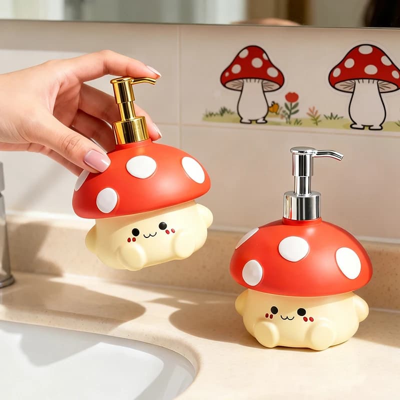 2026 New Cute Red Mushroom Soap Dispenser Kawaii Cartoon Lotion Pump Bottle 440ml Bathroom Kitchen Countertop Decor Home Gift