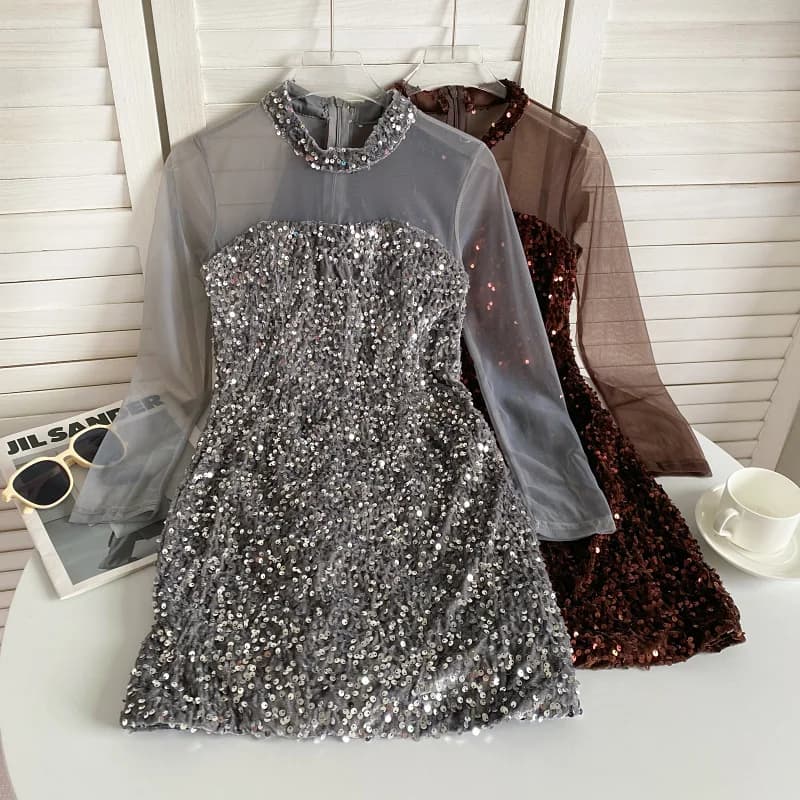 Elegante Abito da Donna a Maniche Lunghe con Paillettes e Inserti in Rete, Stile Gonna Corta a Vita Alta Svasata, Sexy e alla Moda