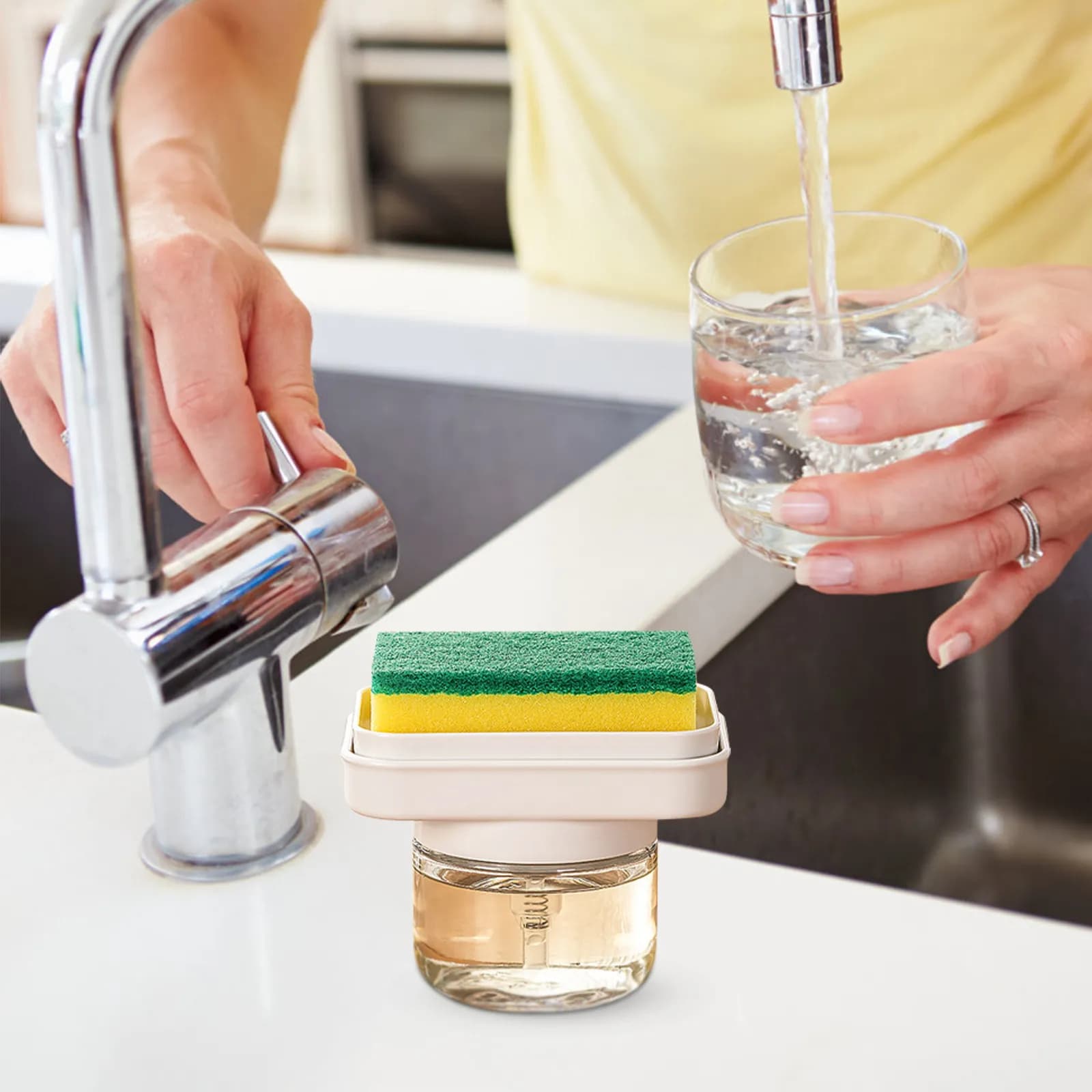Dispenser per detersivo con porta spugna per sapone da cucina, organizer per lavello