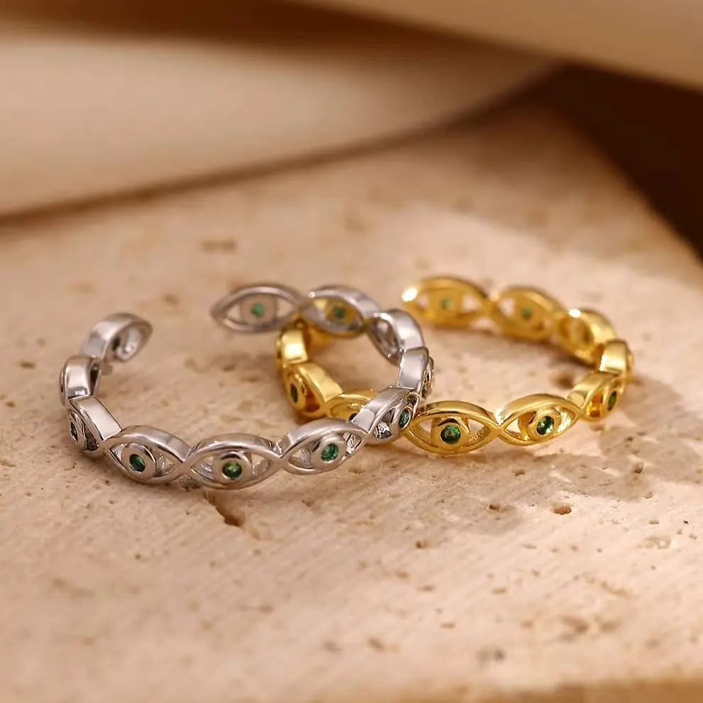 Turkey Evil Eye Green Zircon Rings For Women Gold Color Geometric Open Ring New Wedding Fashion Jewelry Gift