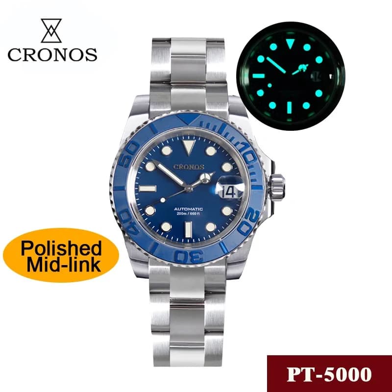 Cronos Sub Diver Men's Watch Bidirectional Bezel 40mm 20ATM Water Resistant Brushed And Polished Bracelet Mesh Bracelet Men's Watches