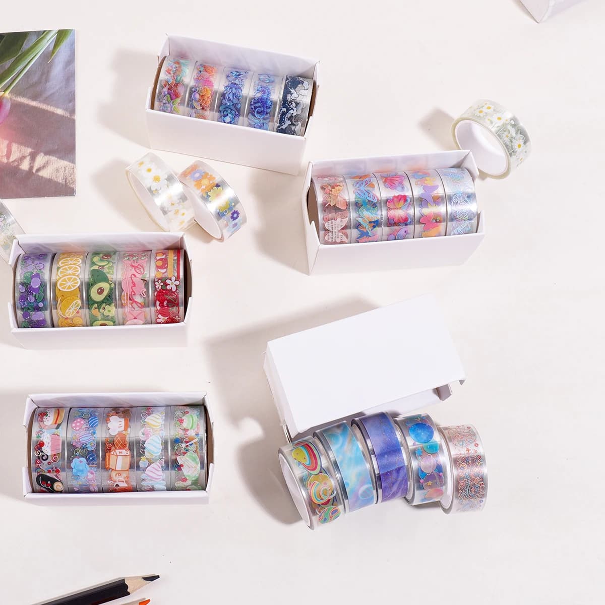 5 Rolls Clear PET Washi Tape Set, 1.5cm×2m Decorative Scrapbook Tape for Card Making Scrapbooking DIY Art Craft Supplies