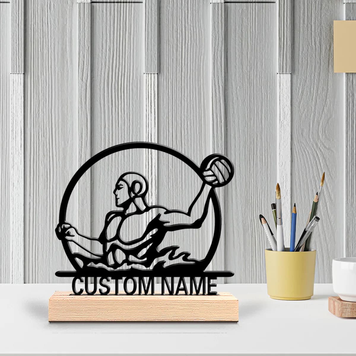 1pc Simple Volleyball Expert Personalized Text Metal Statue Iron Ornament Art Crafts With Wood Base Iron Sculpture Bedroom Table