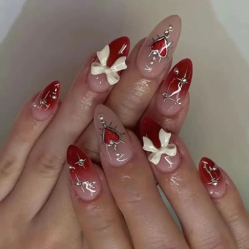 Set di 24 Unghie Finte Viola con Effetto Occhio di Gatto, Fiocco Argentato e Strass, Design per Ragazze Trendy