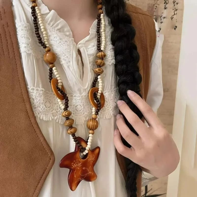 Collana Lunga Vintage Boho Etnica con Ciondolo a Stella in Legno e Perline Fatte a Mano, Catena per Maglione da Donna, Gioielli alla Moda per il Collo, Regali per Feste