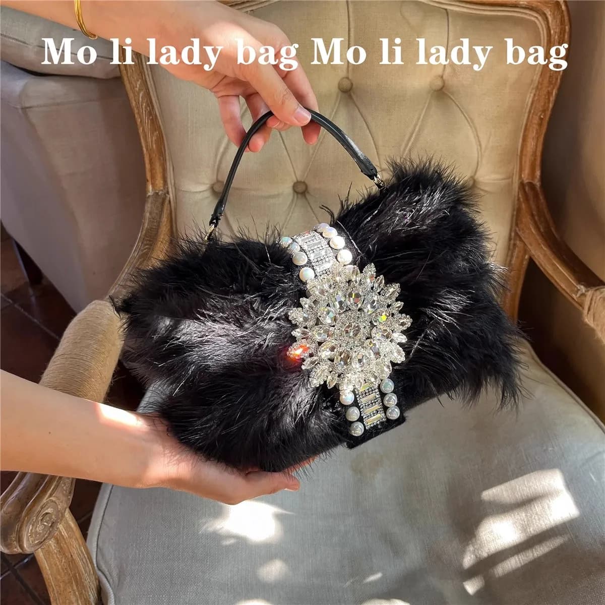 Borsa da sera di lusso in velluto con piume di struzzo, cristalli e strass, pochette elegante per matrimoni e feste.