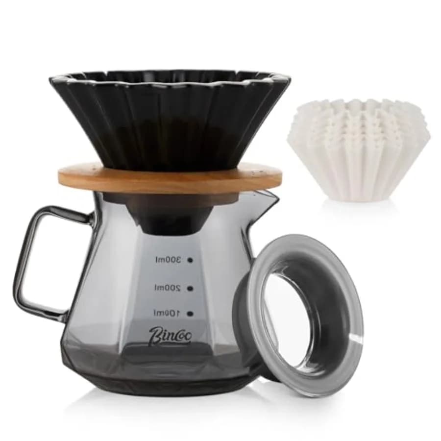 400ML Pour Over Coffee Maker Set with Filter Paper, Ceramic Coffee Dripper with Wood Stand Set for 1-2 Cups-Professional Brewin