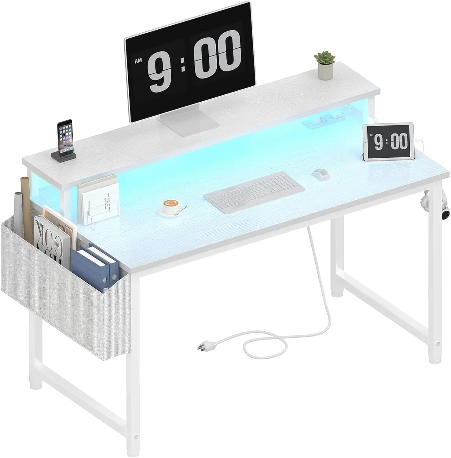 Scrivania per Computer da 40 Pollici con Luci LED, Prese di Corrente, Supporto Monitor e Stazione di Ricarica per Ufficio Domestico o Gaming