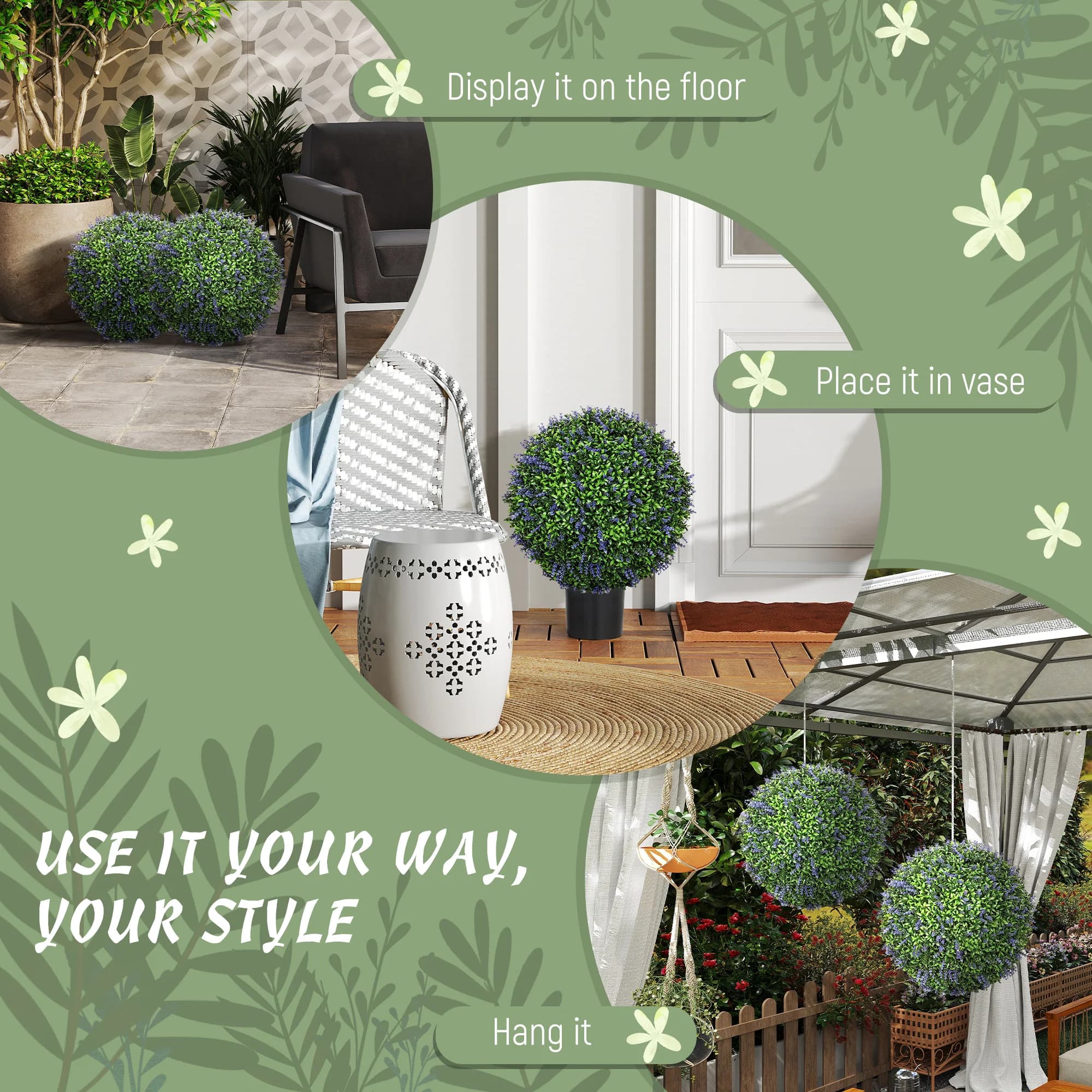 2 Pezzi di Sfere Topiarie Artificiali da 42 cm, Proteggite dai Raggi UV, Piante Finte Verdi e Viola per Decorazioni da Interni ed Esterni, Giardino e Balcone