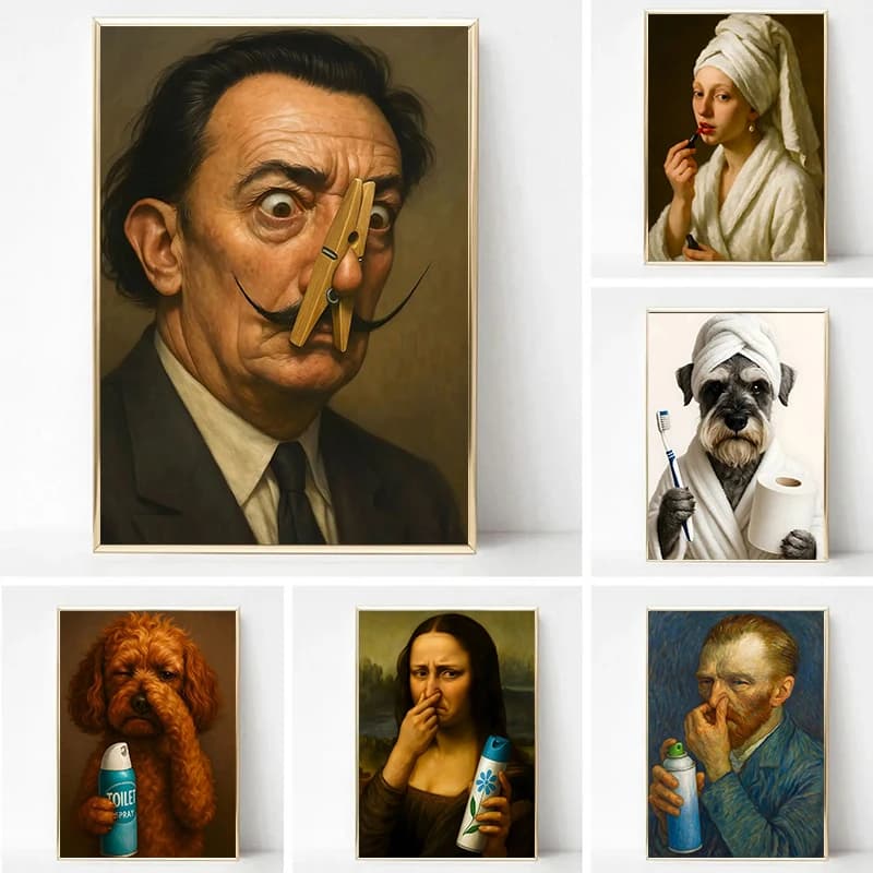 Salvador Dali Mona Lisa Divertente bagno WC Ritratto Poster Cockapoo Cane Tela Pittura Stampa Wall Art per la decorazione del bagno