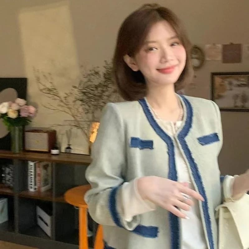 Autumn and Winter Vintage Women Jacket Splicing Long-sleeved Denim Jacket Round Neck Long-sleeved Short Versatile Jacket Female