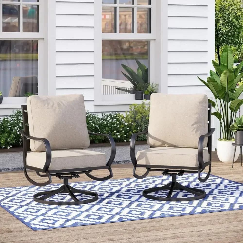 Durable Steel Patio Swivel Chairs Set of 2 with Beige Cushions for Outdoor Garden Spaces