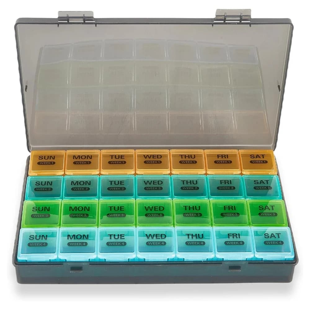 Large monthly portable travel pills 4 weeks per month 28 days nappie holders for vitamins fish oil medicines