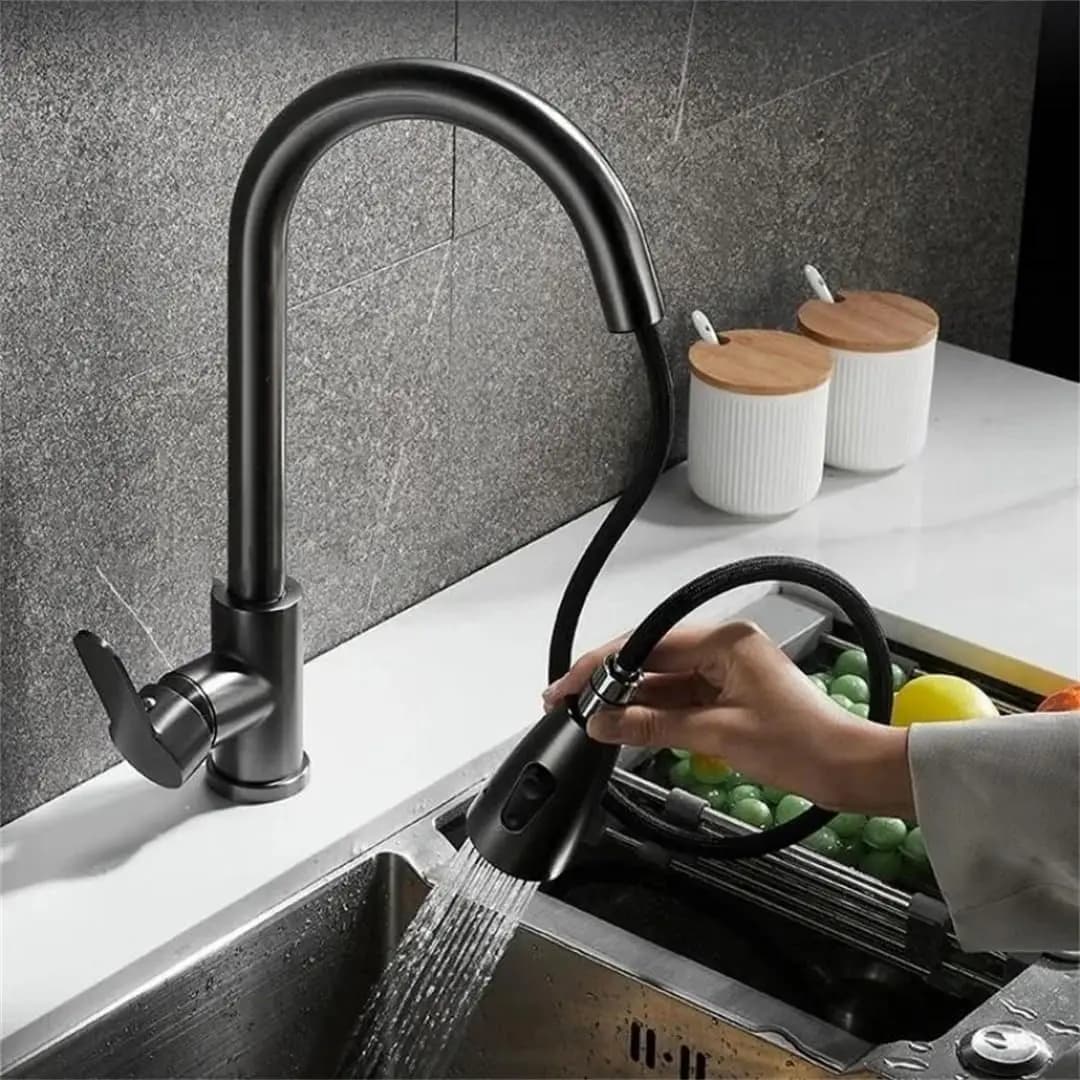 Rubinetto da cucina Rubinetto in argento nero Estraibile Lavello da cucina Miscelatore Nichel spazzolato Testa spruzzatore a flusso Rubinetto per acqua da cucina cromato