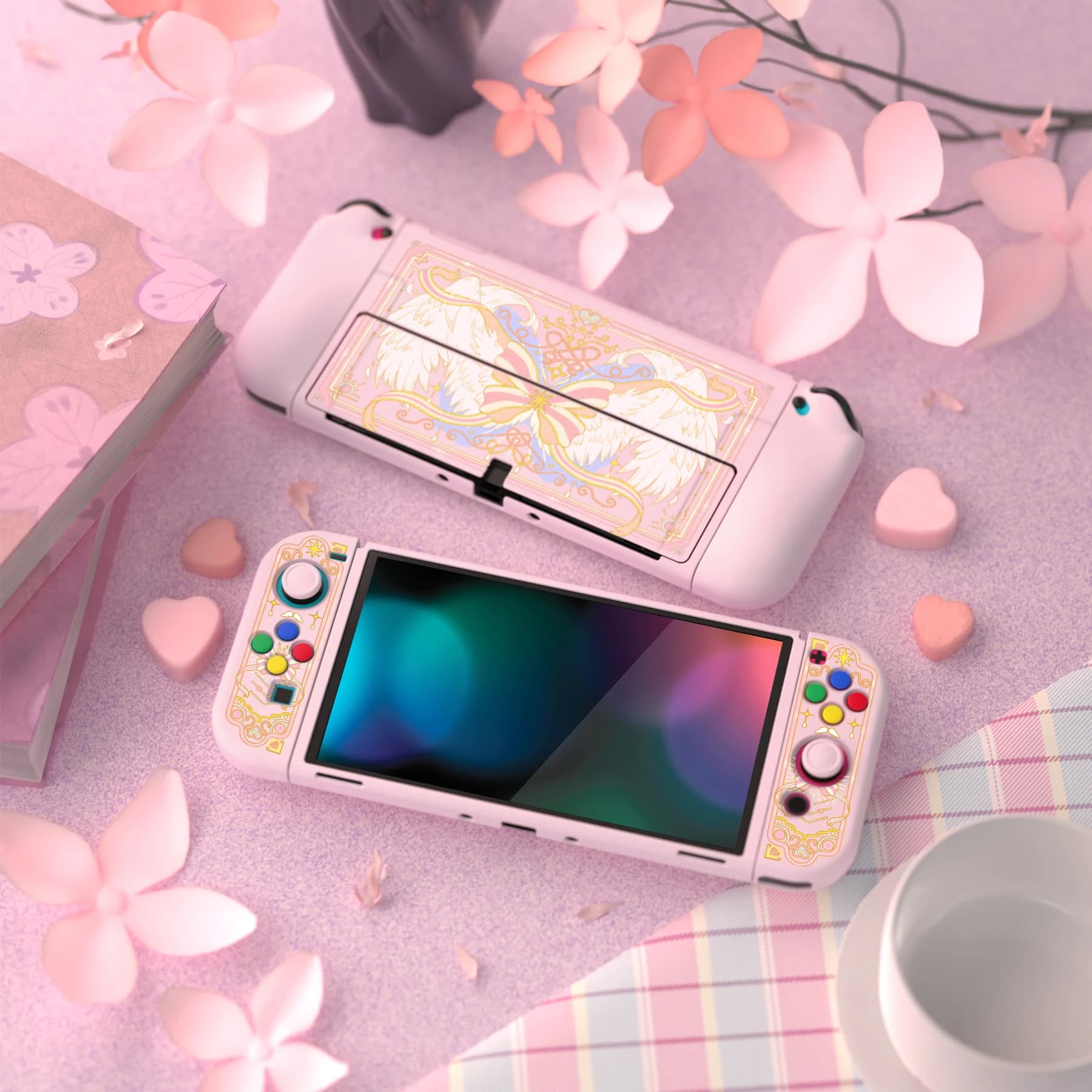 PlayVital ZealProtect Custodia protettiva morbida per Nintendo Switch OLED con impugnature per pollice Cover dolce rosa per SWITCH OLED