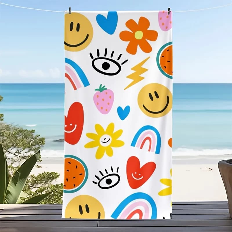 Asciugamano da Spiaggia Colorato Estivo, Stampa di Fiori, Volto Gioioso, Fulmine e Fragola, Asciugatura Rapida e Assorbente per Viaggi, Campeggio e Spiaggia