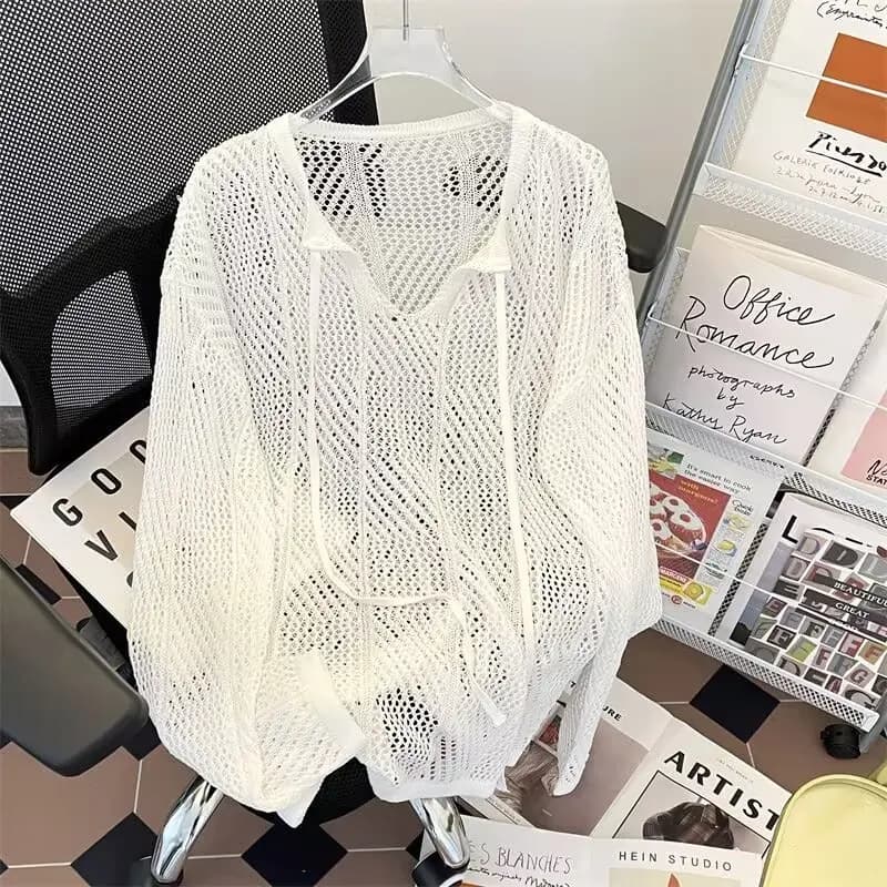 Maglione pullover lavorato a maglia leggermente trasparente scavato elastico allentato da uomo Camicie lavorate a maglia a maniche lunghe con scollo a V autunnali Streetwear