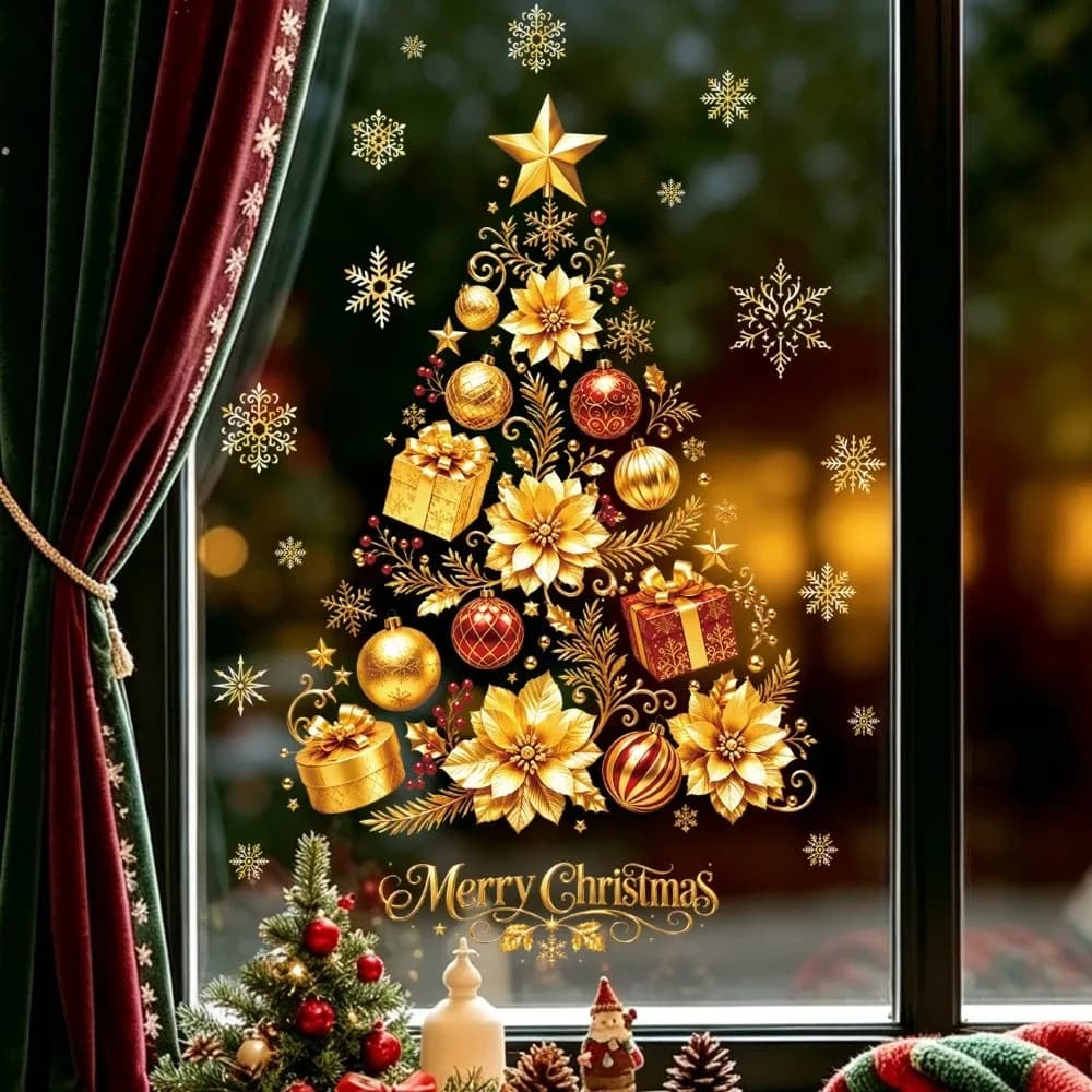 Golden Snowflake Christmas Tree Window Sticker Star Bow Large Electrostatic Sticker Waterproof Removable