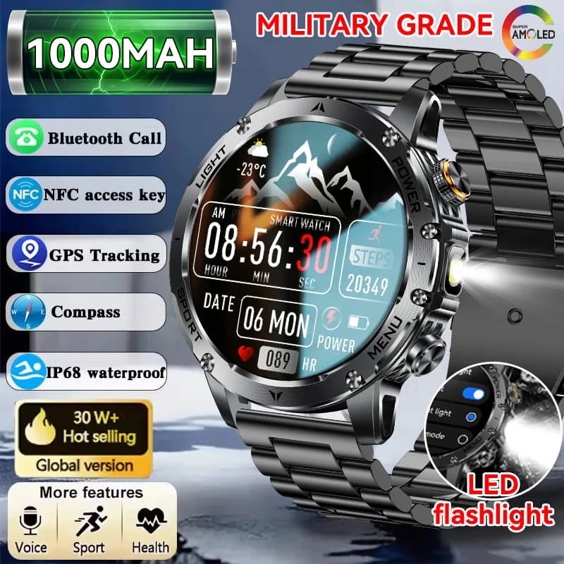 New Military Grade 1000mAh Battery Smartwatch GPS 3ATM Waterproof NFC Voice Bluetooth Call Man 1.7 Inch AMOLED Sport Smart Watch