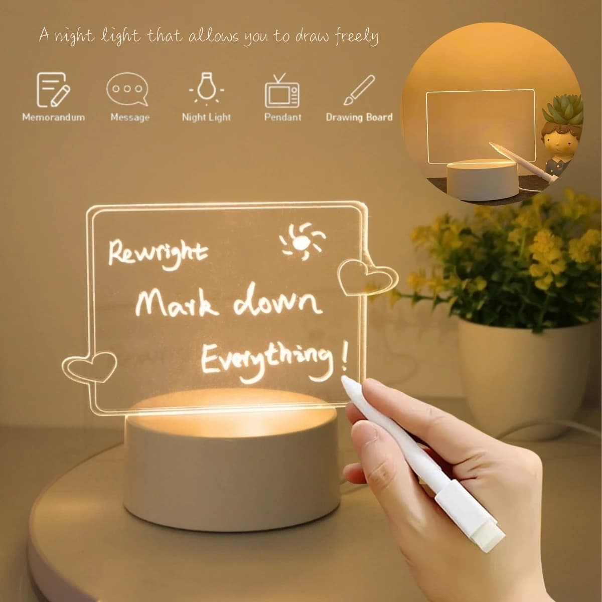 Luce Notturna 3D Creativa Cancellabile con Penna USB, Luce Notturna con Messaggio, Regalo di Compleanno per Camera da Letto, Soggiorno, Studio