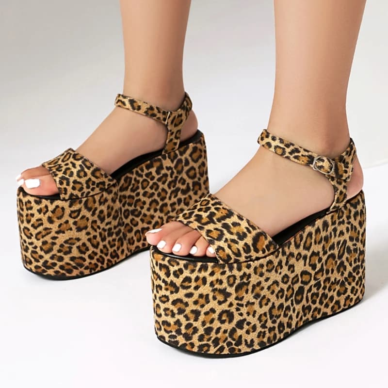 Sandali estivi con plateau da 12 cm scarpe da donna moda leopardo con suola spessa tacchi alti scarpe da ballo per feste da donna di grandi dimensioni 45