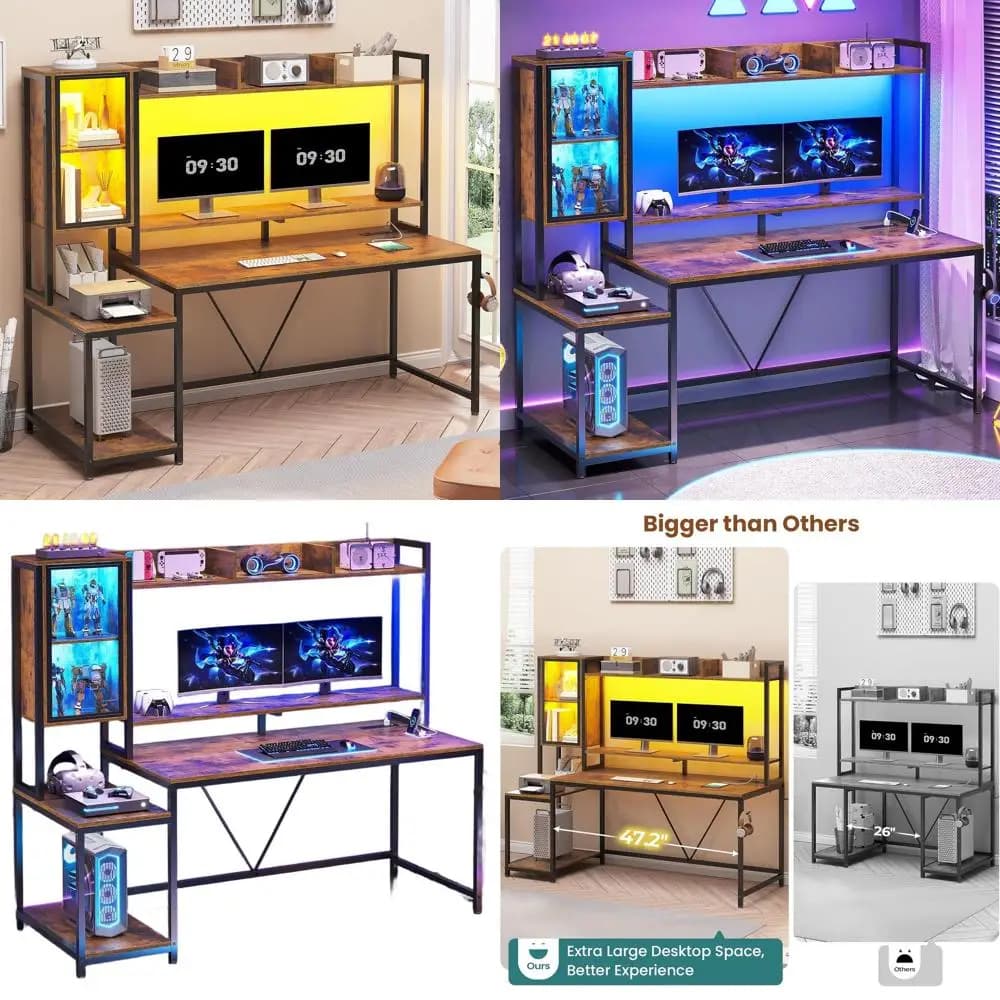 Gaming desk with 60 LEDs, Superior shelf, Storage racks, Showcase, Monitor and Current Holder for PC Gaming or Home Office