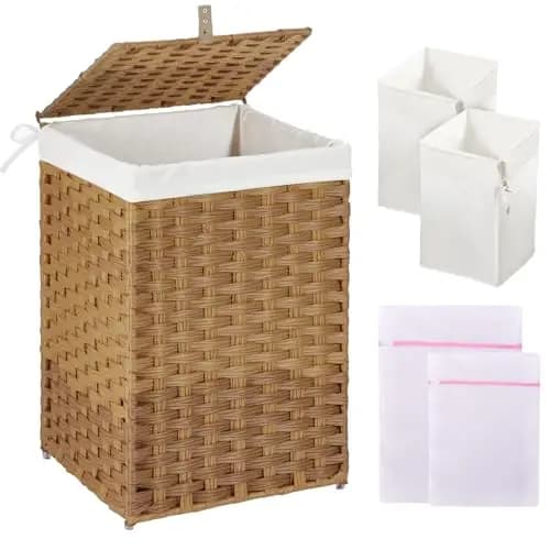 Cesto portabiancheria GREENSTELL con coperchio, cesto portabiancheria da 60 litri con 2 sacchi interni rimovibili e 2 sacchi in rete, sintetico intrecciato a mano