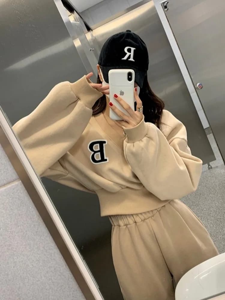Completo Sportivo con Scollo a V Foderato in Pile Caldo, Pantaloni a Vita Alta e Gamba Larga, Tuta Casual a Due Pezzi per Donna Primavera Autunno Inverno