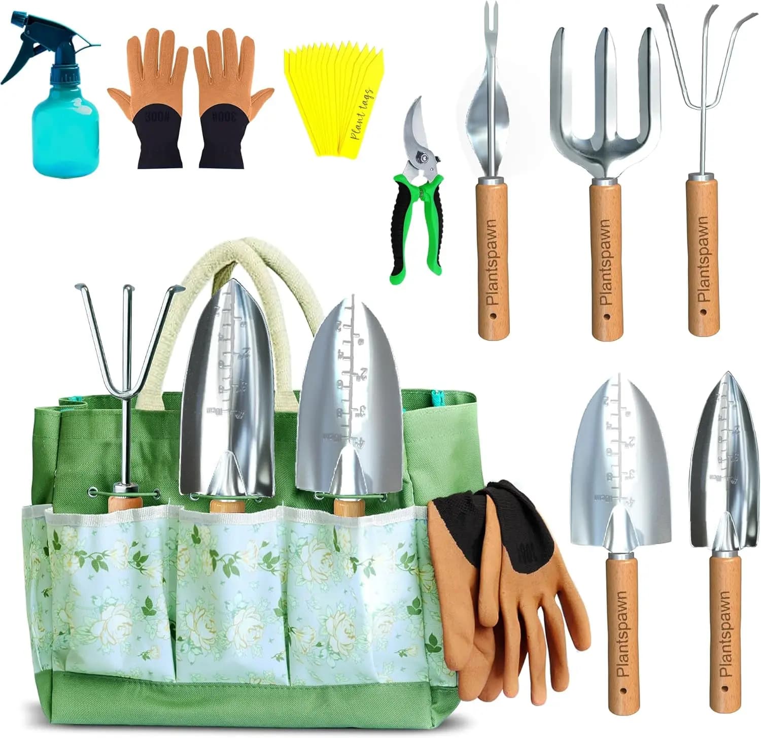 Set di 9 Attrezzi da Giardinaggio con Borsa, Utensili Manuali Resistenti alla Ruggine con Manici in Legno, Include 15 Etichette per Piante - Regalo Perfetto