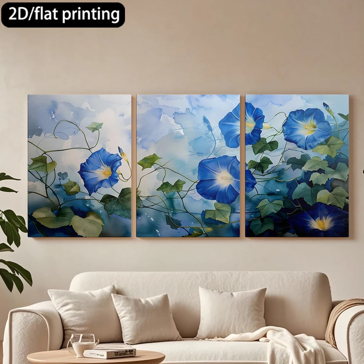 Dipinto decorativo su tela con cornice in legno, 3 pezzi. Glicine blu, foglie verdi, effetto sognante. Decorazione per corridoio e camera da letto.