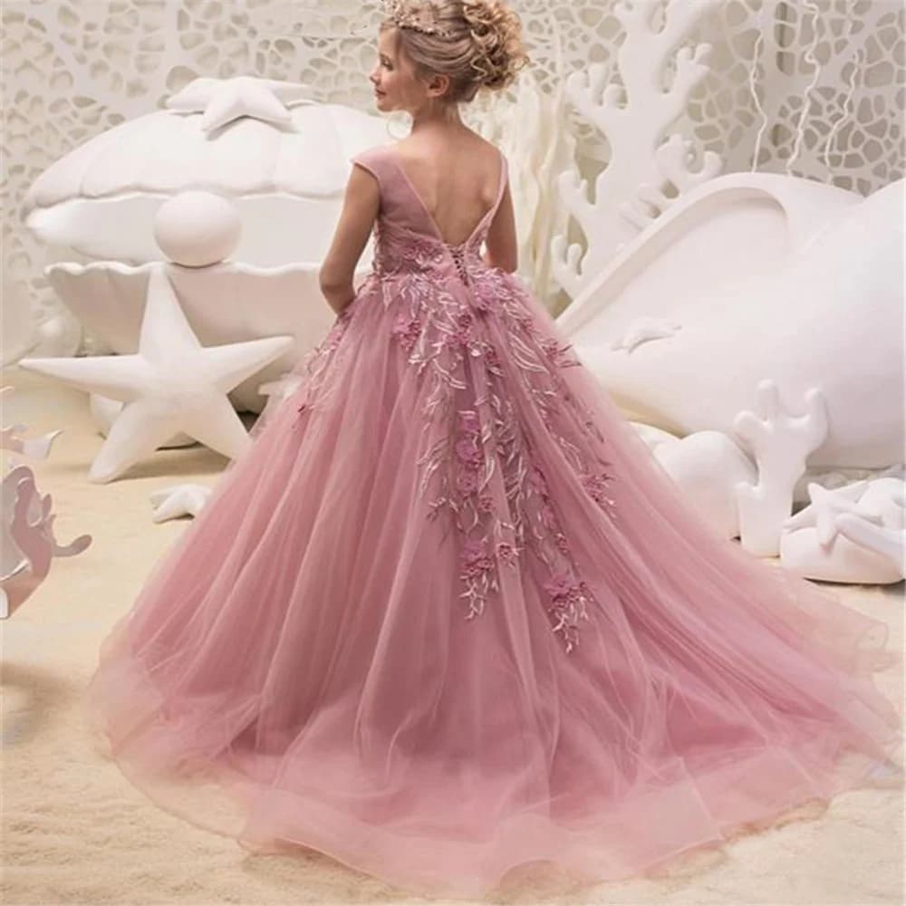 Abito da ragazza di fiori per matrimonio senza maniche con applicazioni in tulle Elegante soffice regalo per bambini di Capodanno Abito da prima comunione Personalizzato