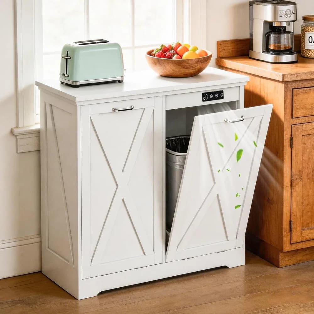 10 Gallon Tilt-Out Trash Can Cabinet, Modern Wooden Garbage Bin Holder for Kitchen, Dining Room, Bathroom in Ivory White
