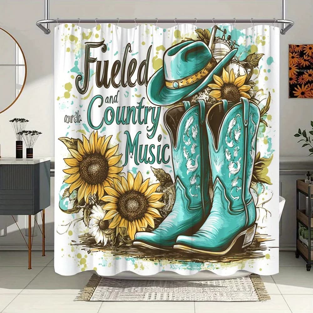 Tenda da doccia vintage da cowboy americano - Stivali e cappelli turchesi, ricami floreali, girasoli, testo di musica country, poliestere