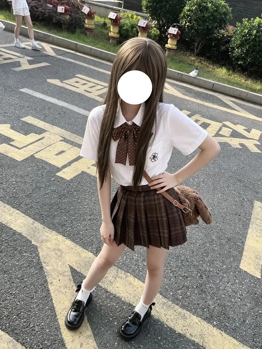 Caramel Plaid Uniform Skirt Short Sleeve Printed Shirt Girls School Student Sweet Style Fashion Set Polyester Breathable